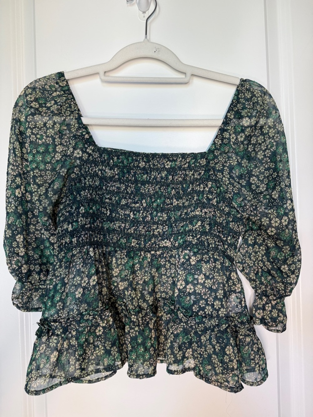 American Eagle Outfitters Green Floral Smocked Square-Neck Blouse